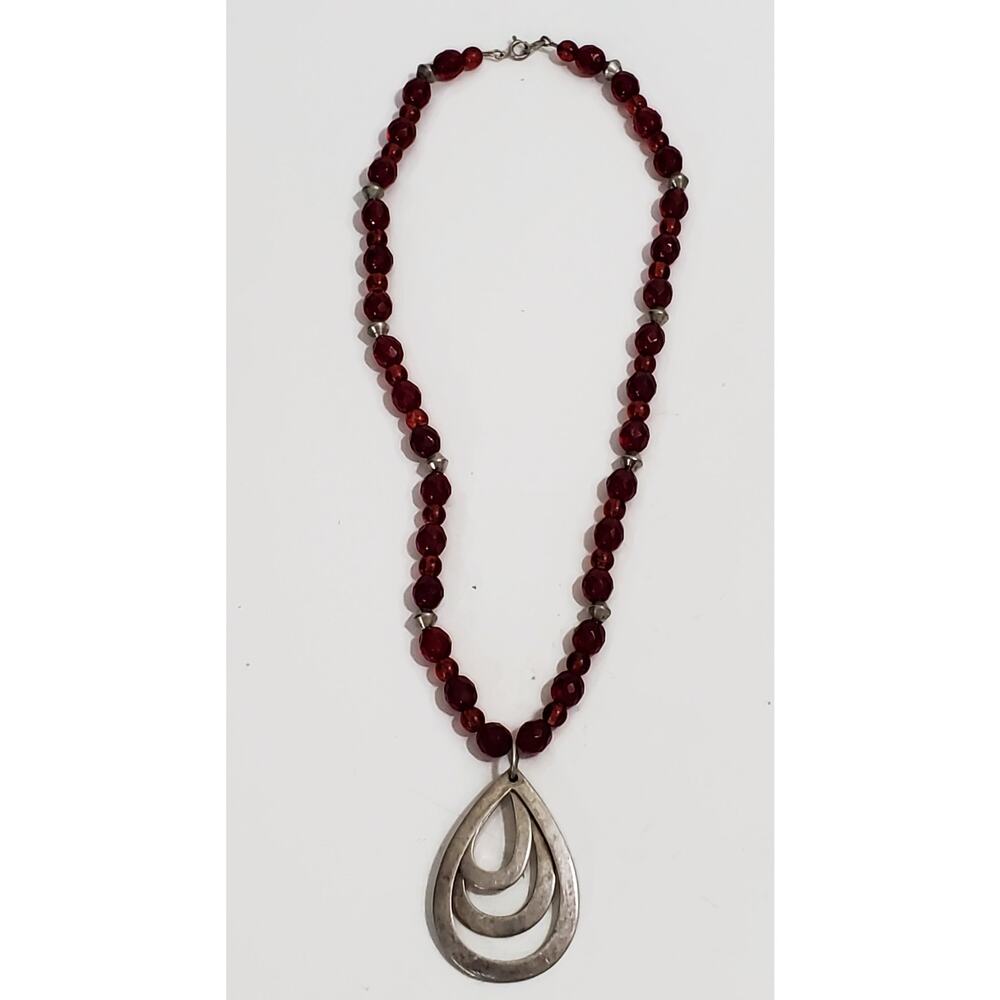 Vintage Sterling Silver & Red Glass Bead Teardrop Pendant Necklace 18" - Picture 3 of 8